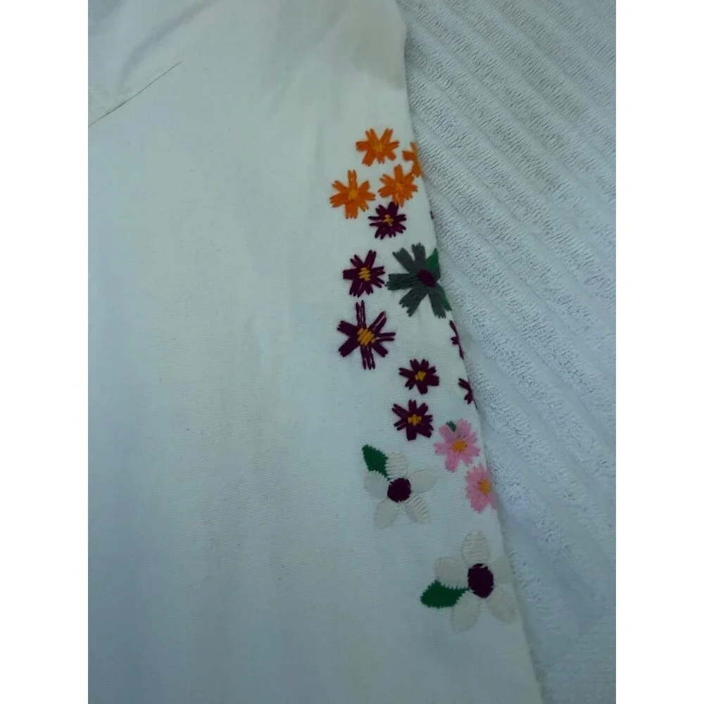 Dolan Jacket Women's XL Cream Embroidered Floral Denim Button Front Boho Rodeo